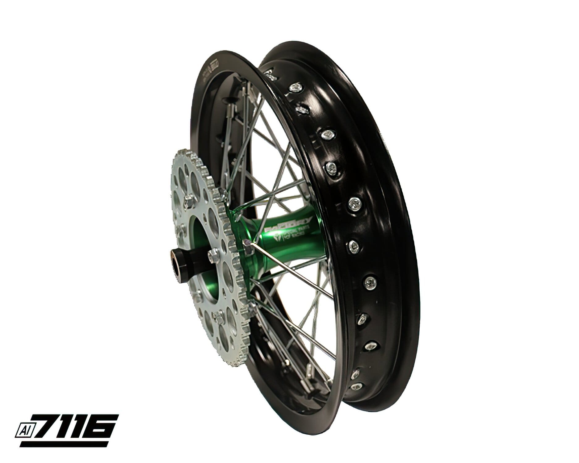 YCF-110-1101-14/GR Ruota post. alluminio 1.85x12" - mozzo CNC verde con disco + corona YCF Factory Pit Bike, COD: YCF-110-1101-14/GR