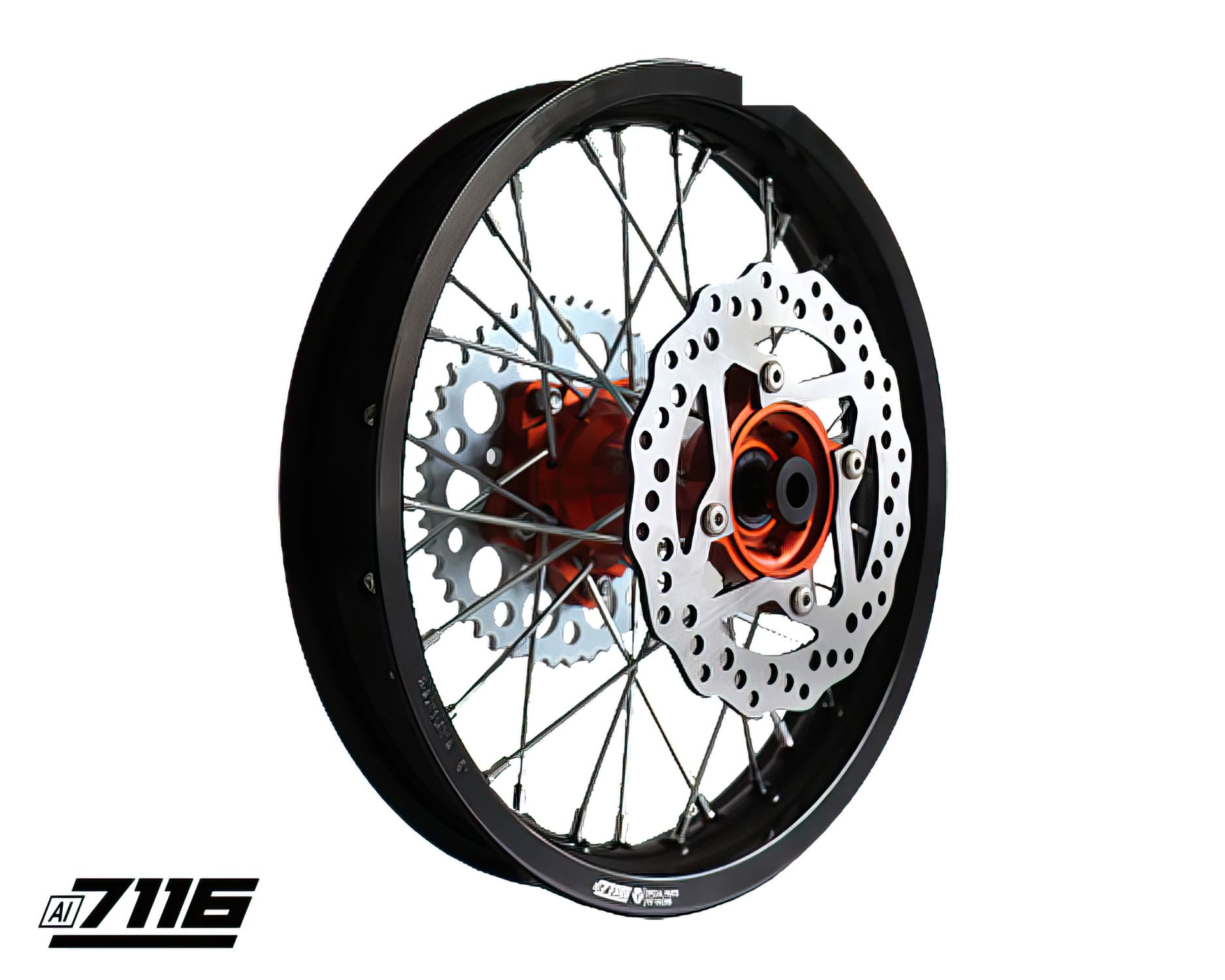 YCF-110-1101-69/OR Ruota post. alluminio 1.85x14" - mozzo CNC arancione con disco + corona YCF Factory Pit Bike, COD: YCF-110-1101-69/OR