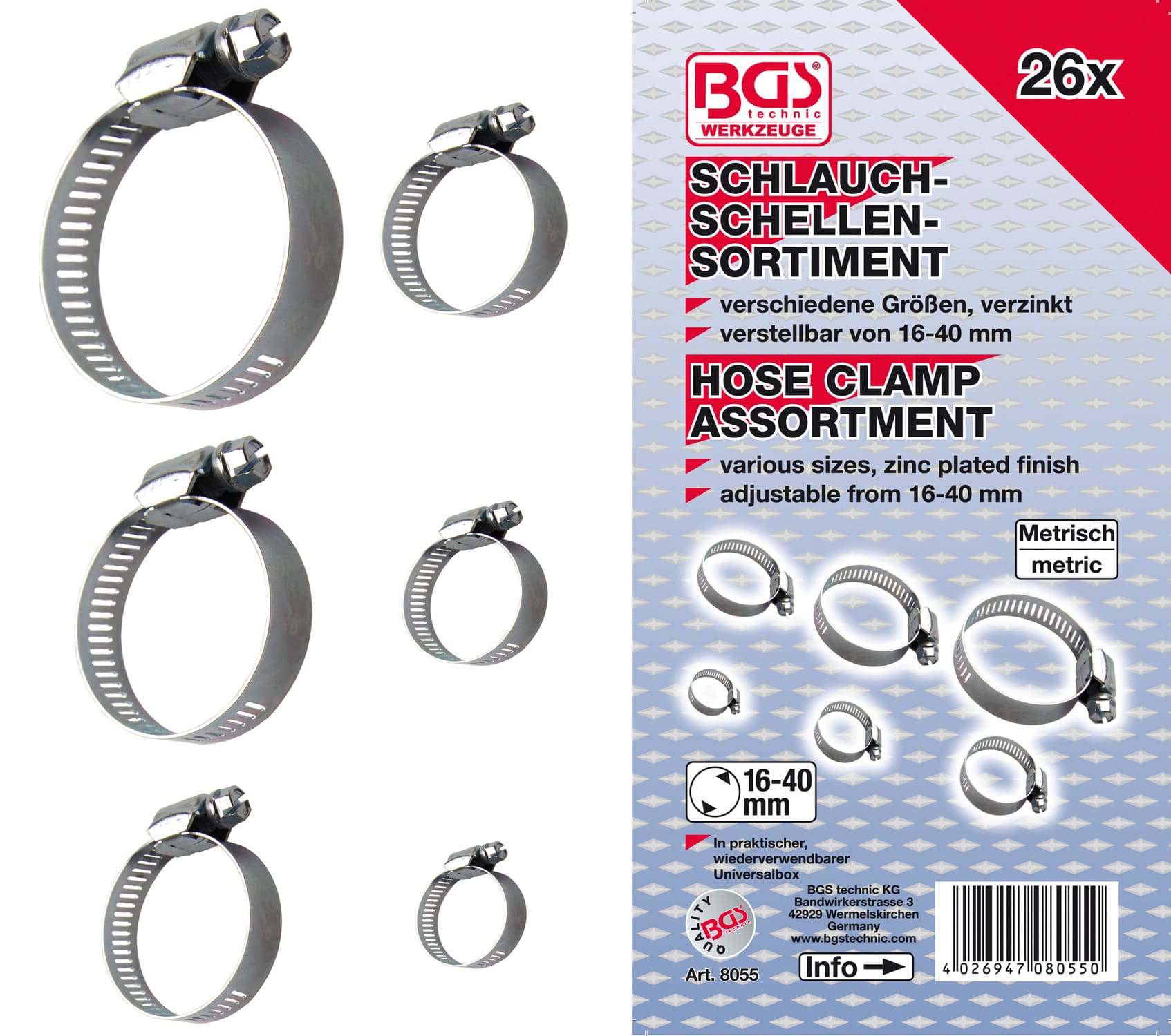 BGS8055 Set fascette stringitubo BGS Ø 16 - 40 mm 26 pz., COD: BGS8055