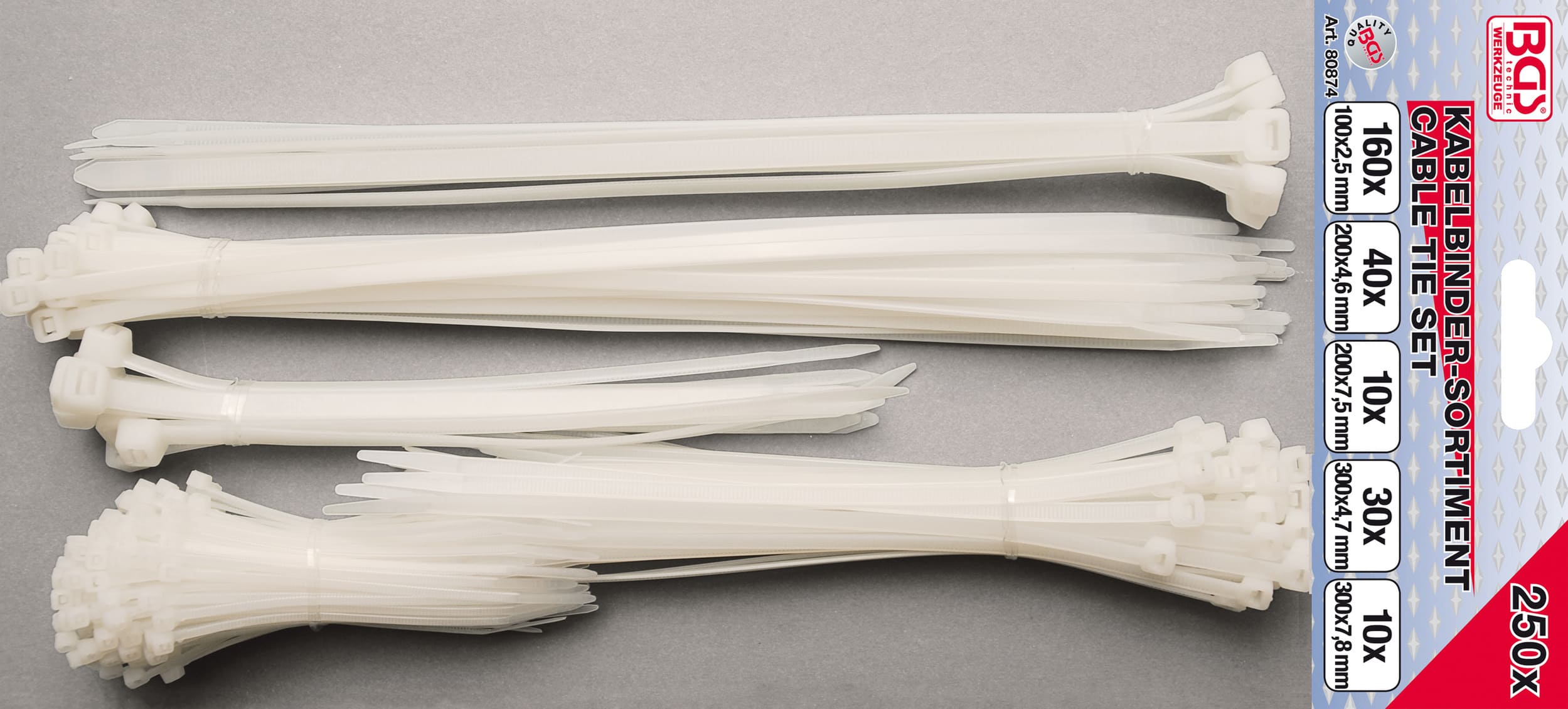 BGS80874 Set fascette BGS bianche di varie dimensioni 250 pz., COD: BGS80874