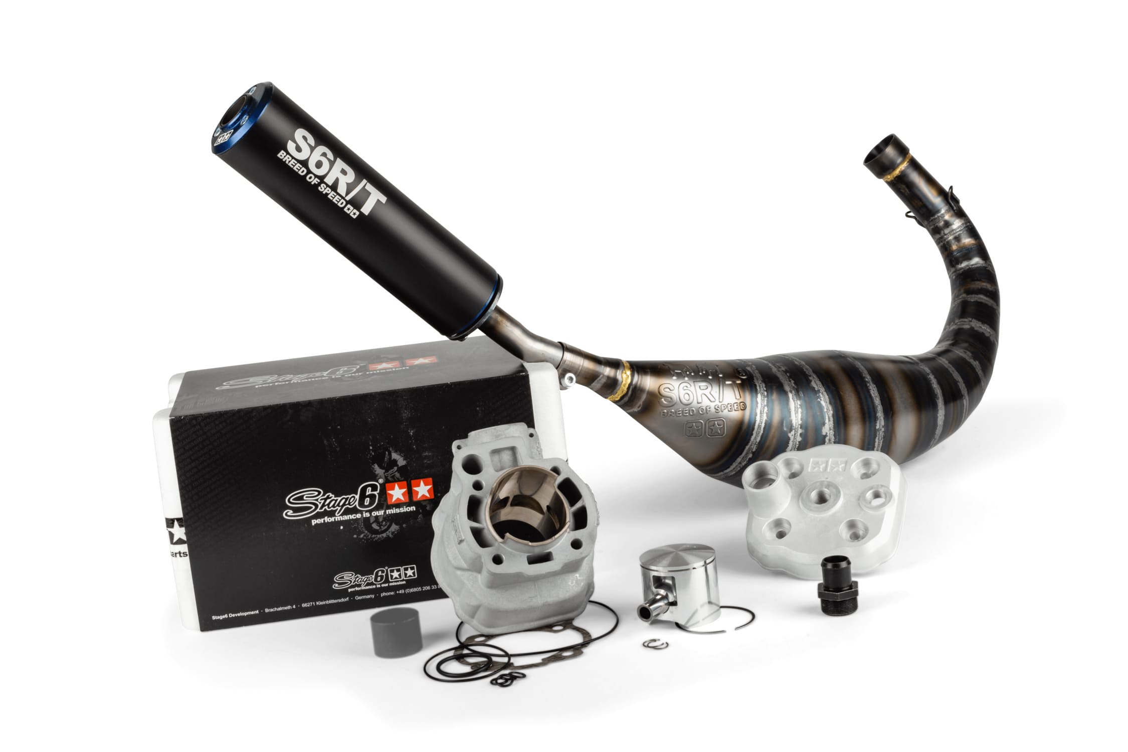 S6-7018810/PACK10-BL Kit gruppo termico + scarico 77cc Stage6 BigRacing Minarelli AM6 blu, COD: S6-7018810/PACK10-BL