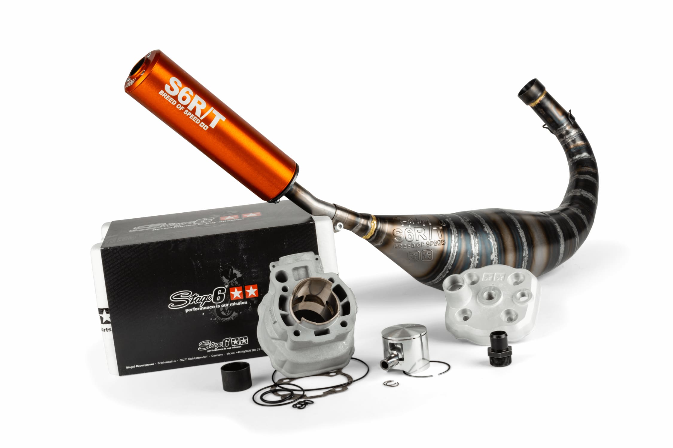 S6-7018810/PACK10-OR Kit gruppo termico + scarico 77cc Stage6 BigRacing Minarelli AM6 arancione, COD: S6-7018810/PACK10-OR