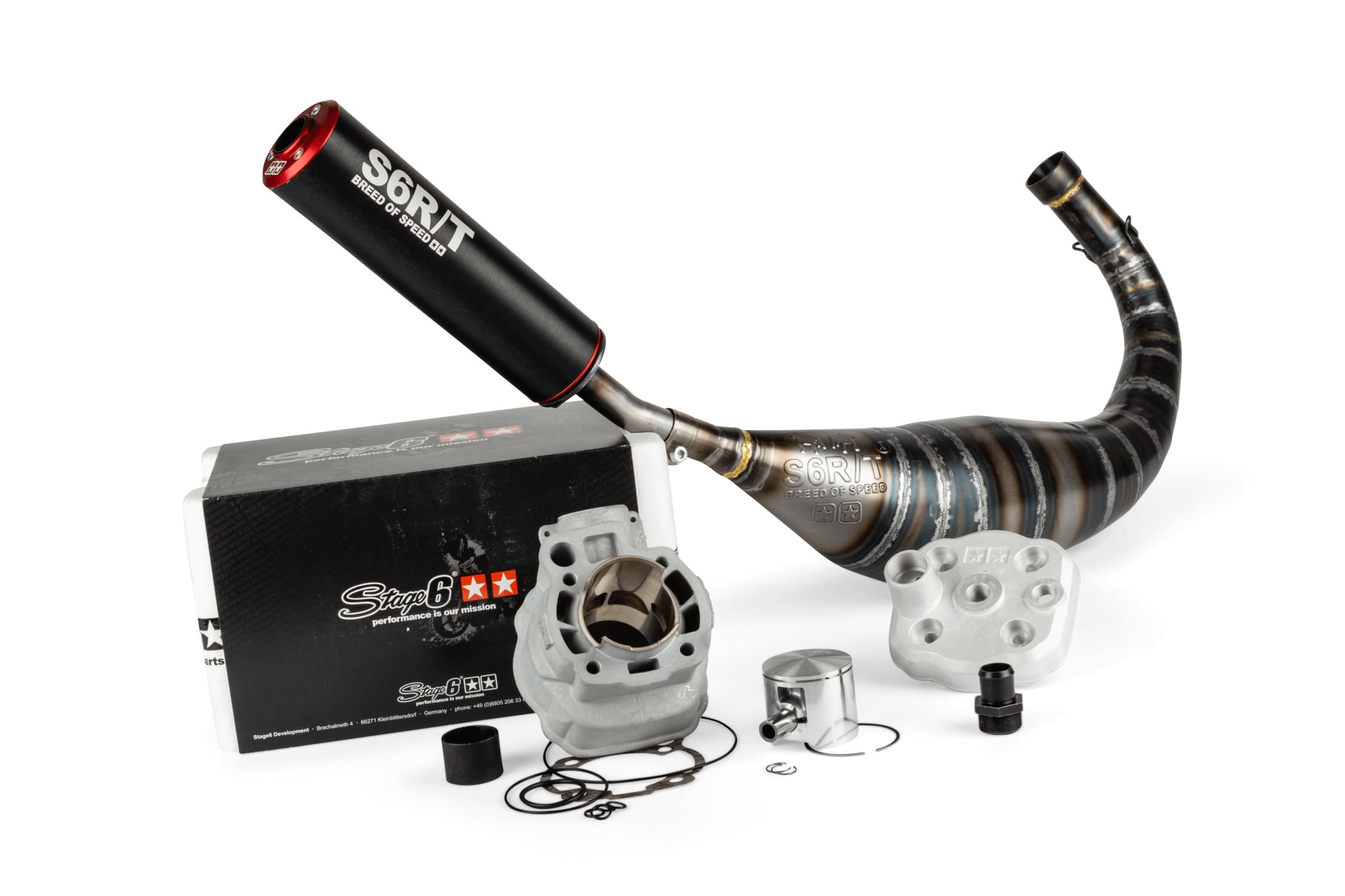 S6-7018810/PACK10-RE Kit gruppo termico + scarico 77cc Stage6 BigRacing Minarelli AM6 rosso, COD: S6-7018810/PACK10-RE