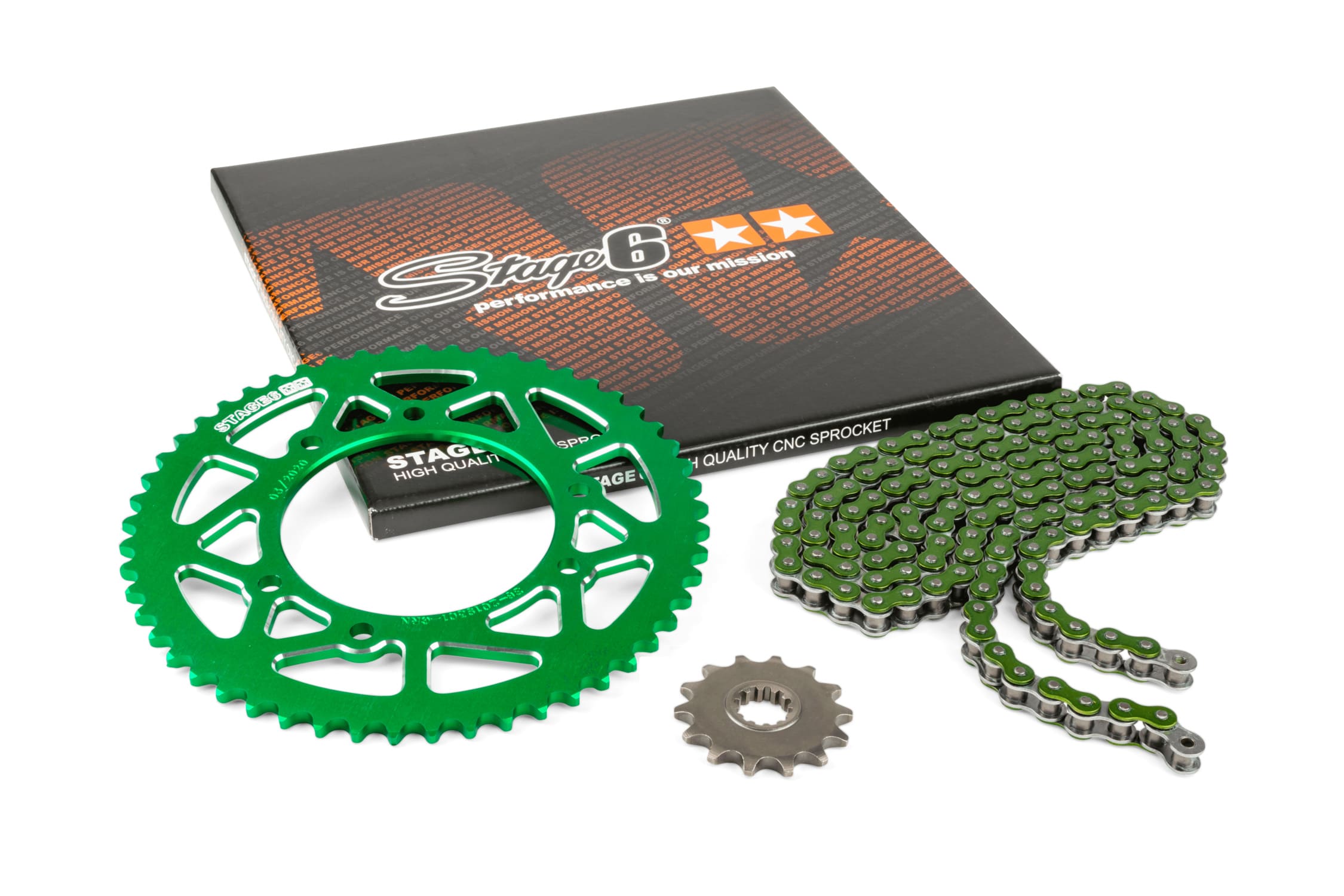 S6-2118833/GR Kit catena 13x53 - 420 Stage6 alu CNC verde Rieju MRT, COD: S6-2118833/GR