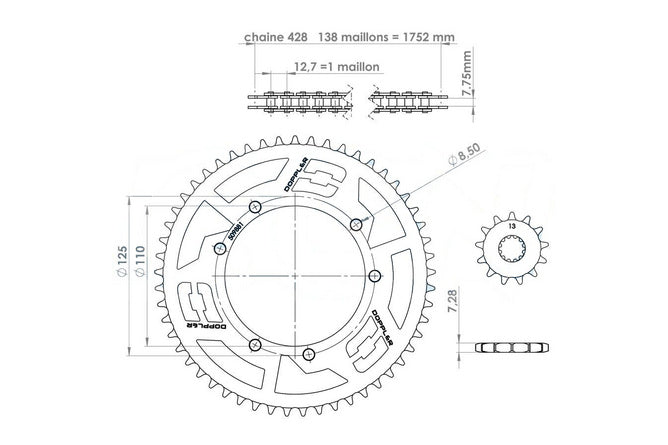 CGN538766 Kit catena 13x53 acciaio - 428 Doppler Origin Sherco 50cc