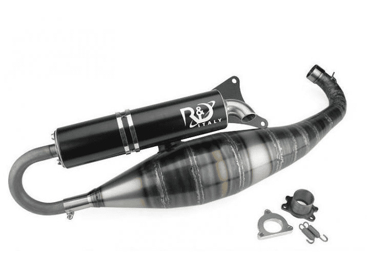 rd9616610 marmitta r&d minarelli, 90cc, ottimizzata per cilindro stage6 r/t-r&d, inclusa di collettore e distanziale