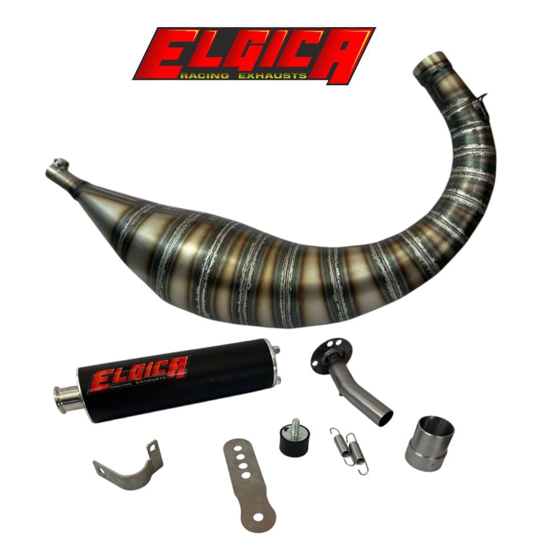 Elgica low-mount custom exhaust for Minarelli AM6 90–100cc + silencer