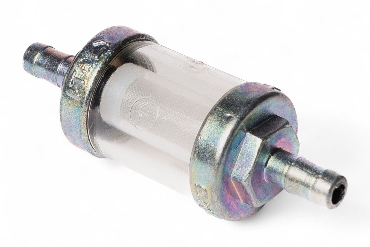 AV2200 Filtro benzina riutilizzabile - Corpo in plastica, fondelli in metallo - Attacco cromato Ø 6mm