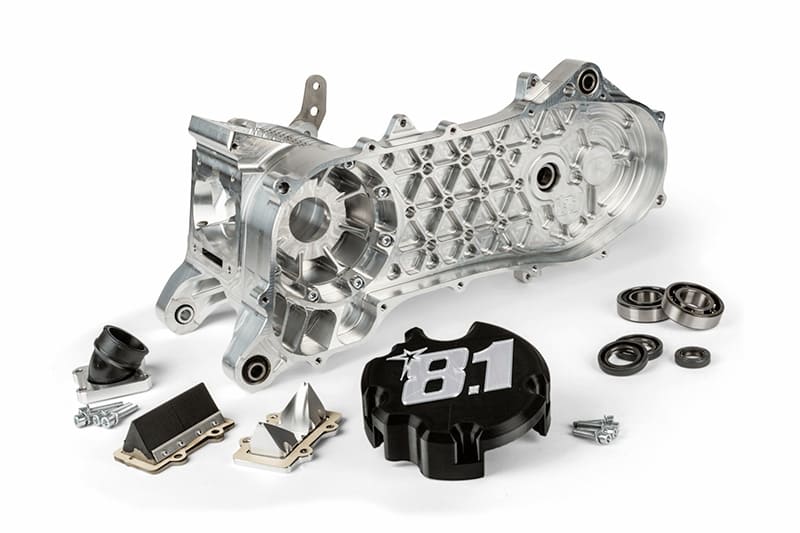 Carter motore completo 8.1 Fireblade 70cc per albero Ø maggiorato da 25mm versione Piaggio (braccio lungo per ruota da 10"-12”).