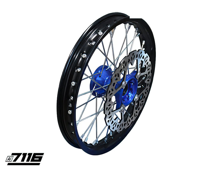 YCF-110-0601/BL Ruota anteriore alluminio 1.4x14" - mozzo CNC blu con disco YCF Factory Pit Bike, COD: YCF-110-0601/BL