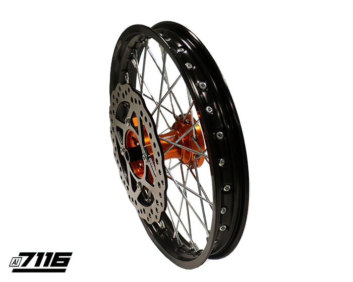 YCF-110-0601/OR Ruota anteriore alluminio 1.4x14" - mozzo CNC arancione con disco YCF Factory Pit Bike, COD: YCF-110-0601/OR