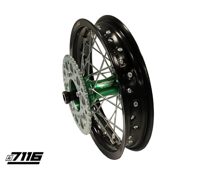YCF-110-1101-14/GR Ruota post. alluminio 1.85x12" - mozzo CNC verde con disco + corona YCF Factory Pit Bike, COD: YCF-110-1101-14/GR