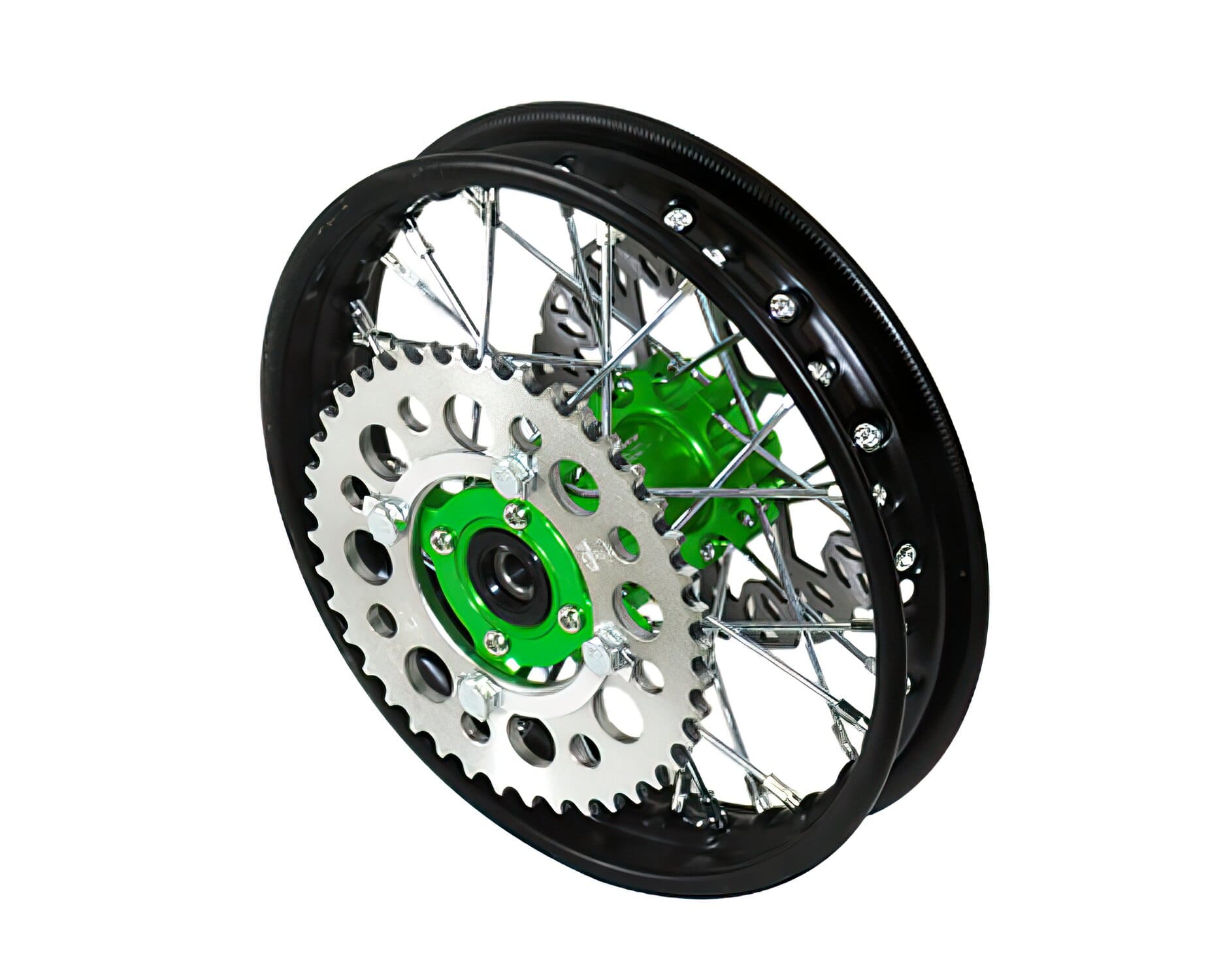 YCF-50-1101/GR Ruota post. - mozzo CNC verde con disco + corona Pit Bike YCF50A, COD: YCF-50-1101/GR