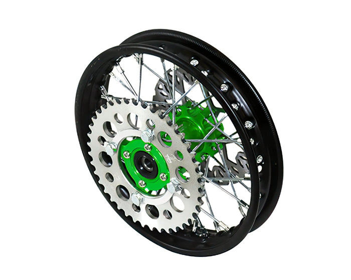 YCF-50-1101/GR Ruota post. - mozzo CNC verde con disco + corona Pit Bike YCF50A, COD: YCF-50-1101/GR