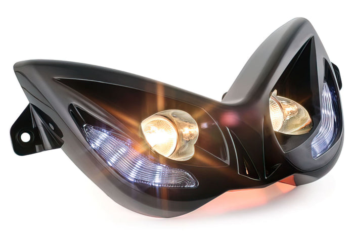 STR-608.34/BK Mascherina Doppiofaro EVO 2 con LEDs blu MBK Nitro / Yamaha Aerox nero, COD: STR-608.34/BK