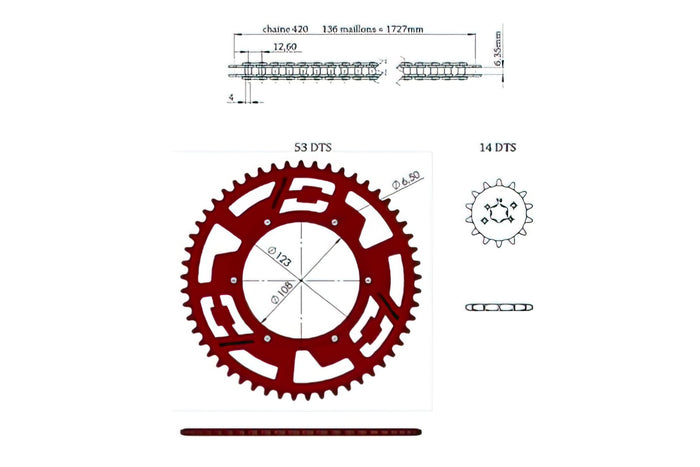 CGN492591 Kit Trasmissione Catena allluminio rosso 14x53 - 420 Doppler Derbi GPR / Aprilia RS4, COD: CGN492591