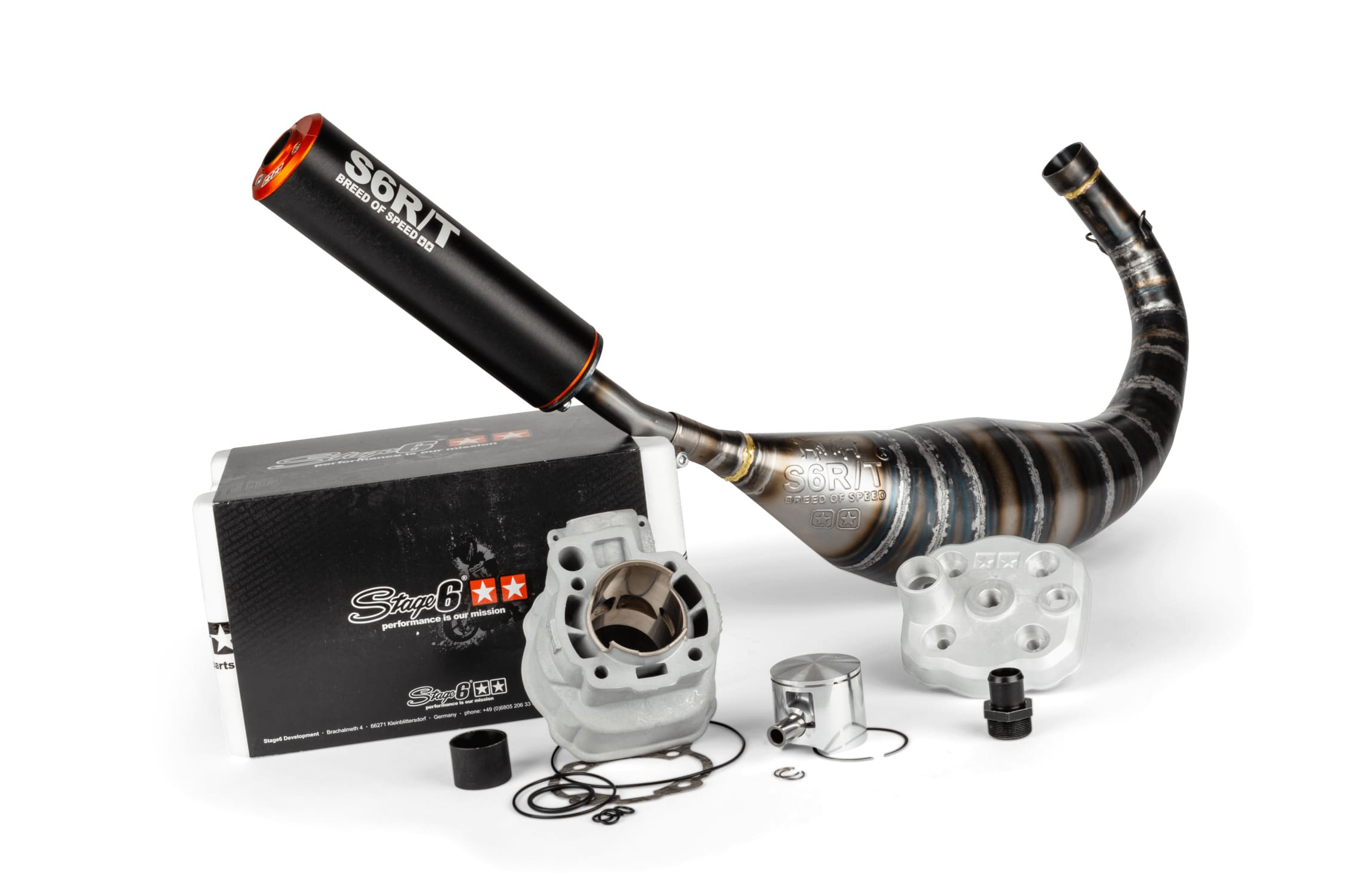 S6-7018810/PACK10-BO Kit gruppo termico + scarico 77cc Stage6 BigRacing Minarelli AM6 arancione / nero