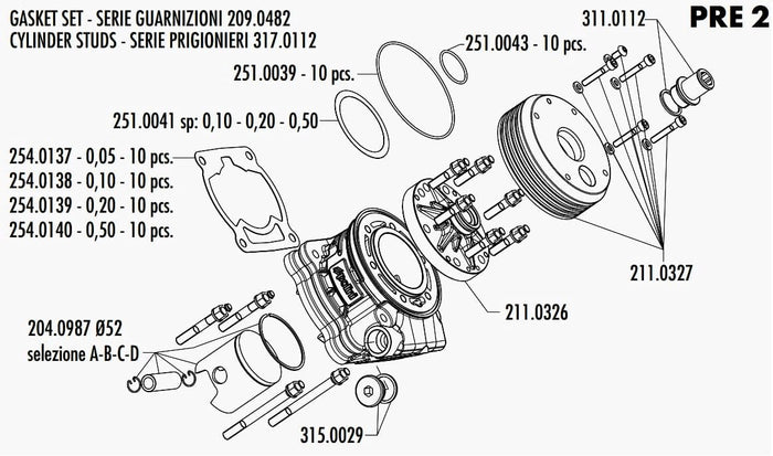 P209.0482 Kit guarnizioni cilindro Polini P.R.E. 2 100cc P240.0229 Piaggio Zip SP LC, COD: P209.0482