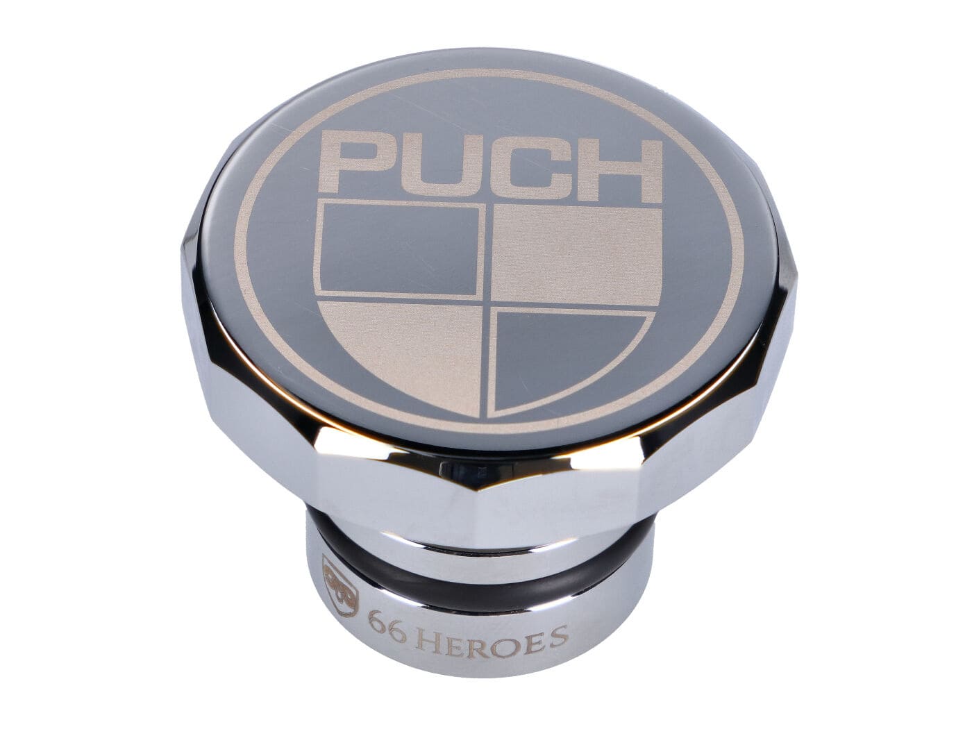 MOF-43883 66Heroes Chromed Aluminum Fuel Cap with Puch Puch Maxi S/N Logo