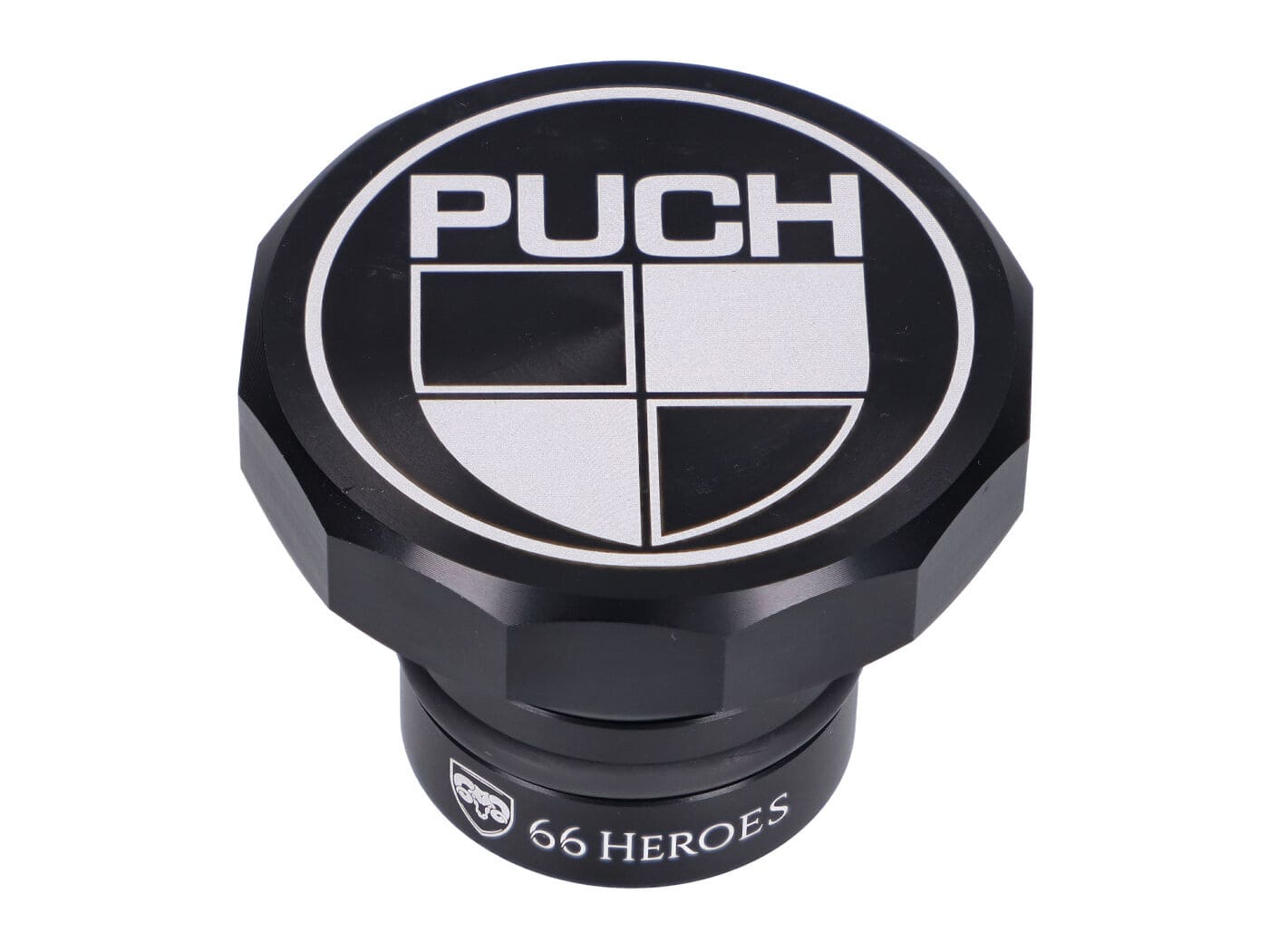 MOF-43886 Tappo serbatoio 66Heroes alluminio nero con logo Puch Puch Maxi S / N, COD: MOF-43886