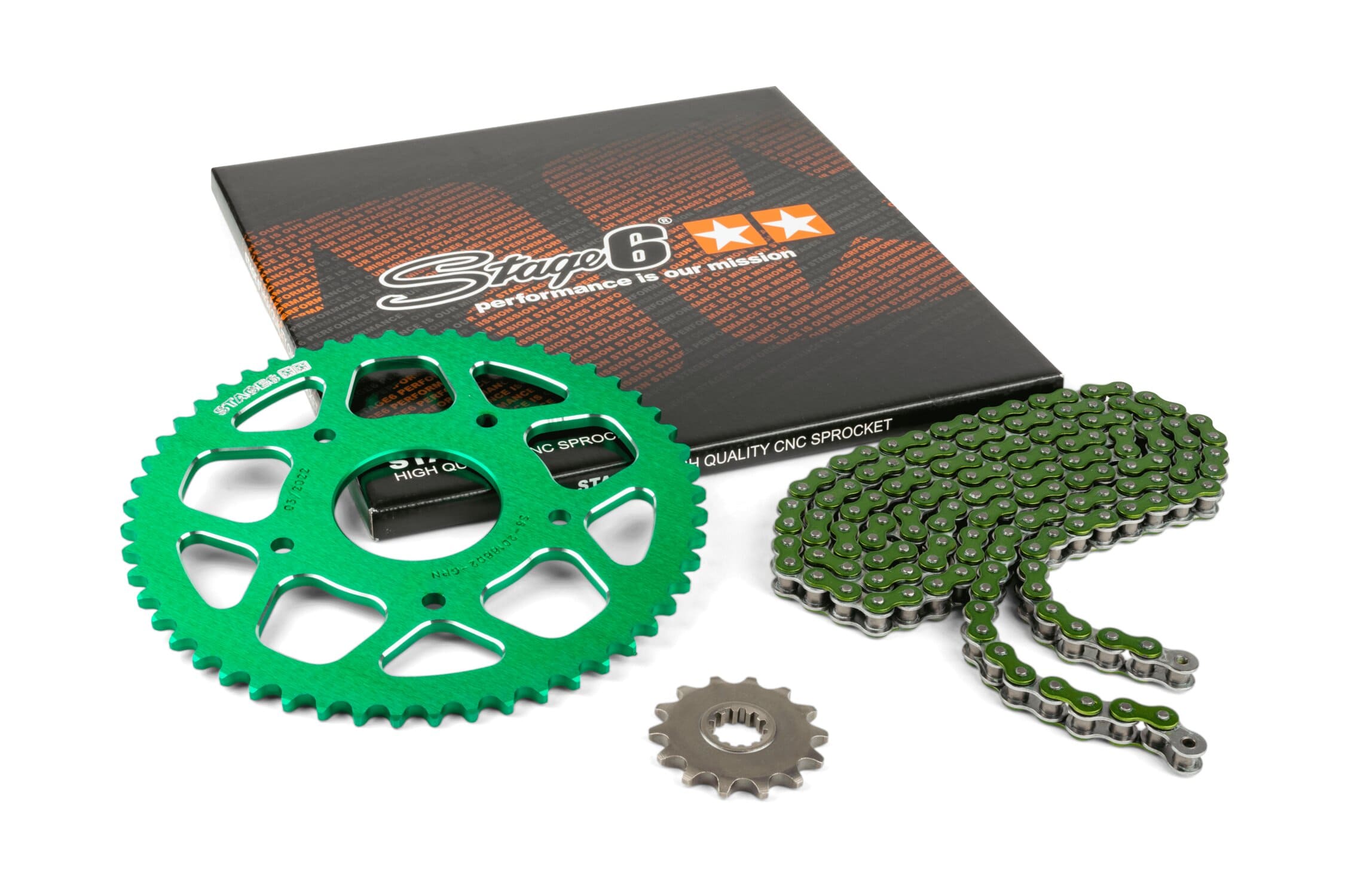 S6-2118824/GR Kit catena 14x53 - 420 Stage6 alu CNC verde Peugeot / Rieju, COD: S6-2118824/GR