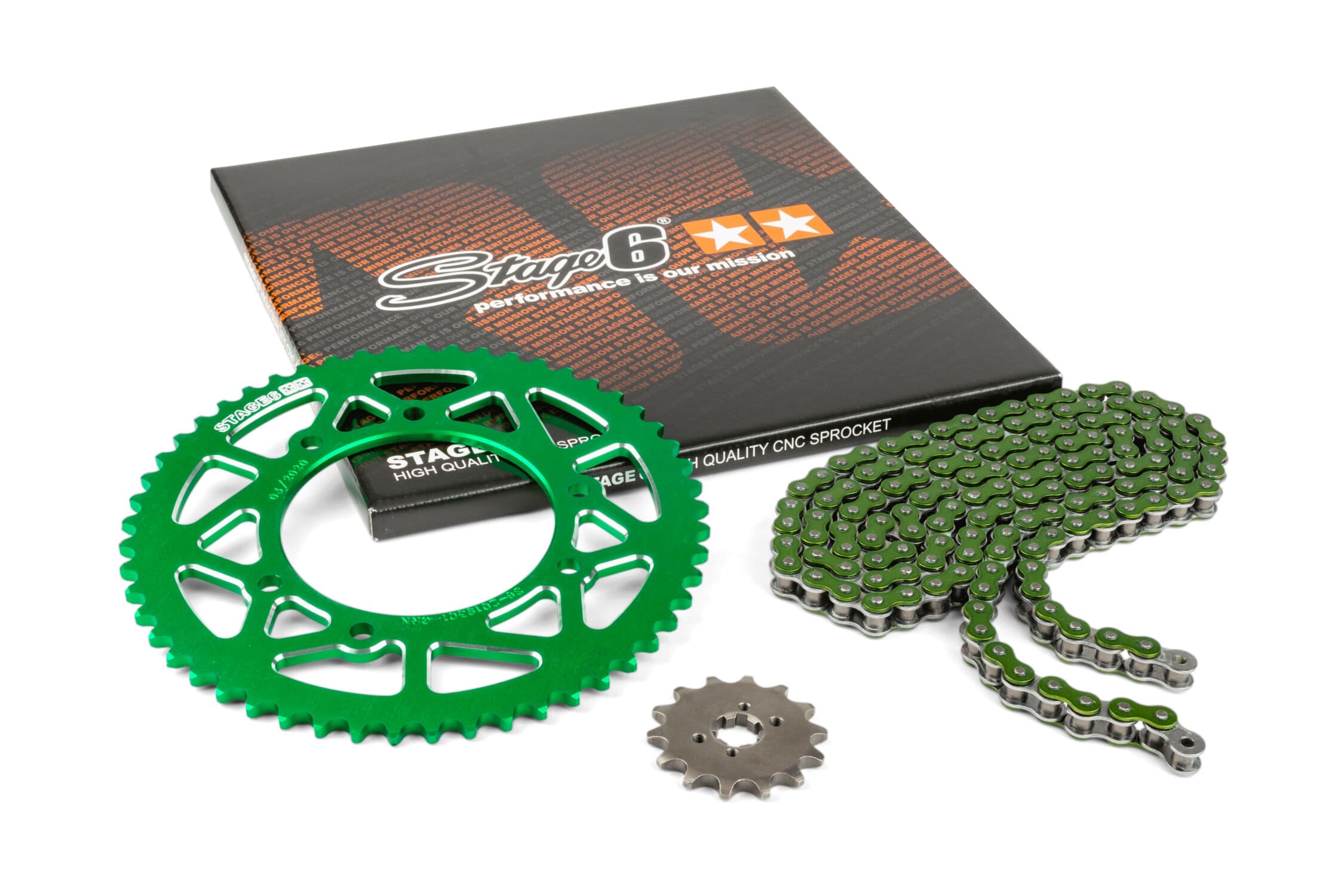 S6-2119324/GR Kit catena 14x53 - 420 Stage6 alu CNC verde Derbi Senda X-treme, COD: S6-2119324/GR