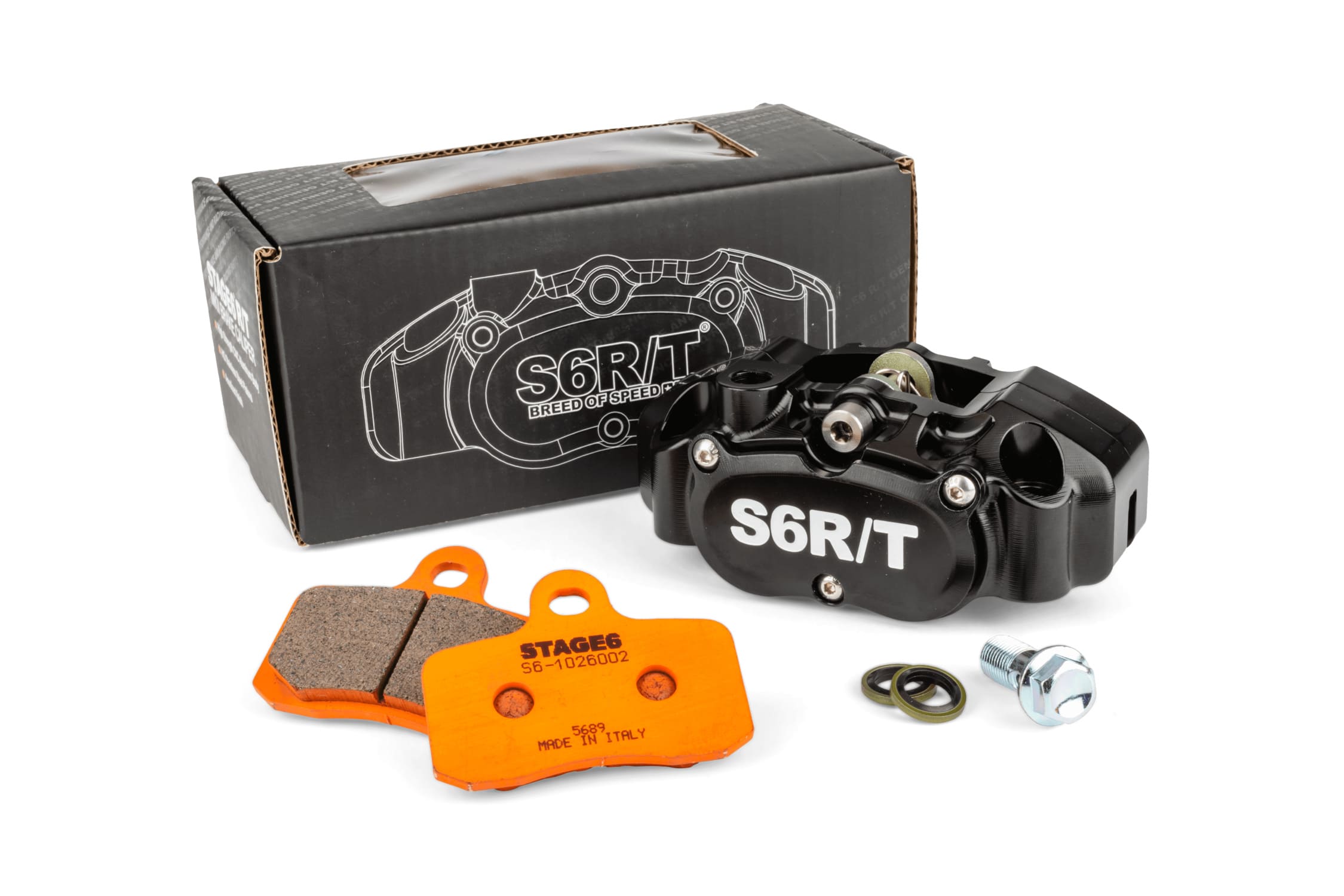 S6-1400376/PACK03 Kit freno Pinza a 4 pistoncini MK2 Stage6 R/T Nero con pastiglie Racing, COD: S6-1400376/PACK03