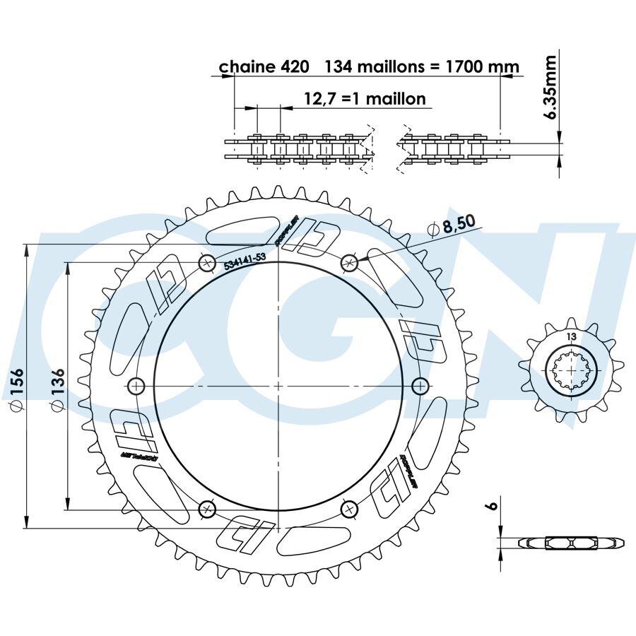 CGN541692 Kit catena Fantic XM / XE 13x53 Doppler alluminio blu