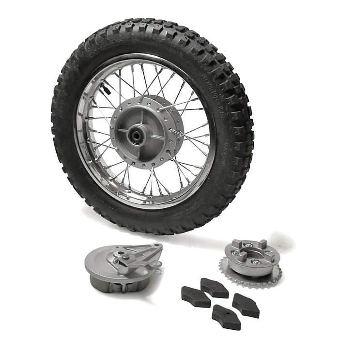 MB3813 Ruota / Cerchio posteriore acciaio freno tamburo d.12mm - 12'' con pneumatico Pit Bike / Dirt Bike nero