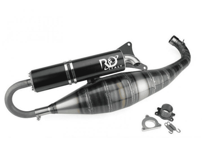 rd9616610 marmitta r&d minarelli, 90cc, ottimizzata per cilindro stage6 r/t-r&d, inclusa di collettore e distanziale