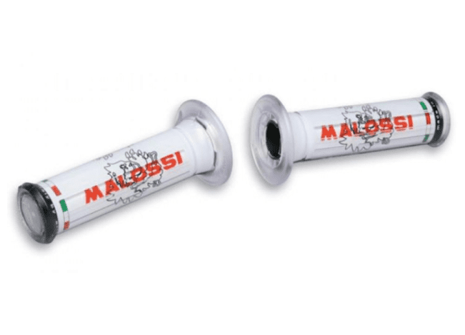 6914575.w0 2 2 manopole bianche con logo malossi tribale ( d.30 mod.con chiusura a lato)