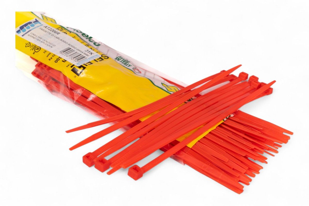 AT2206R Fascette di cablaggio in nylon - Lunghezza 200mm, larghezza 4,5mm - Rosso (100 pezzi)