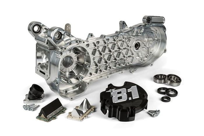 Carter motore completo 8.1 Fireblade 70cc per albero Ø maggiorato da 25mm versione Piaggio (braccio corto per ruota da 10”).